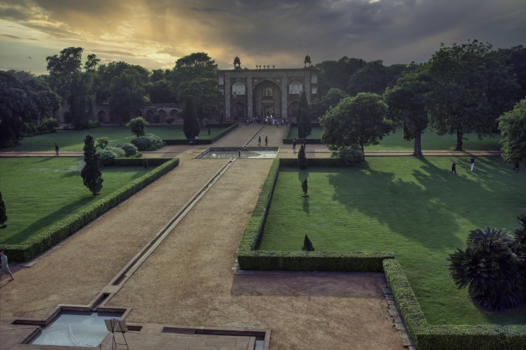 Humayun's Tomb and its garden paths in Delhi at sunset