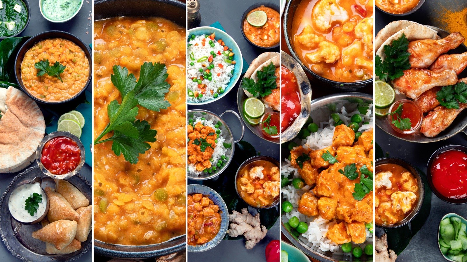 A spread of North Indian curries, rice, breads and sides