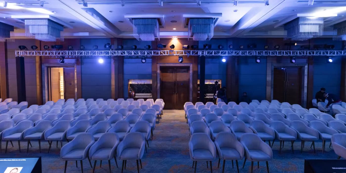 The ballroom at Crowne Plaza, Gurgaon, rigged for an event